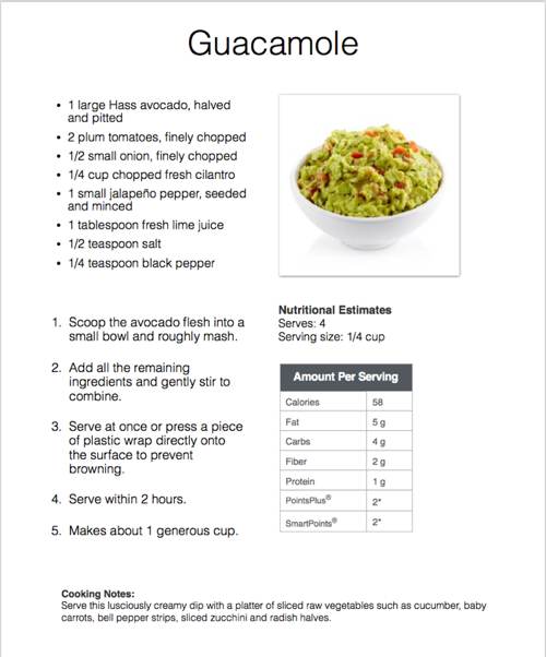 Favorite Skinny Dips Sample Recipe Page - Guacamole Dip for Weight Watchers