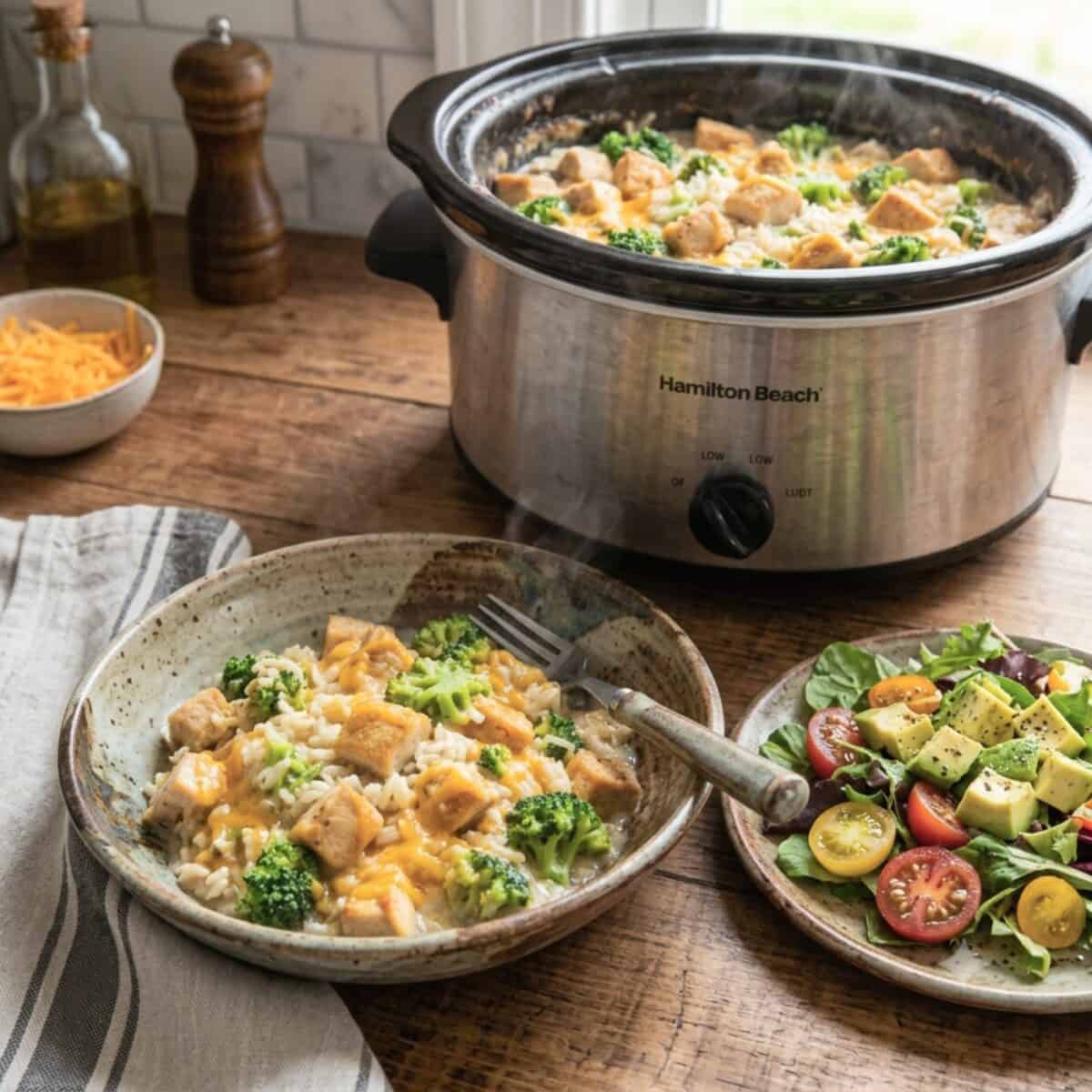 Slow Cooker Chicken, Rice and Broccoli in a ceramic bowl with a fork and small mixed green salad alongside.