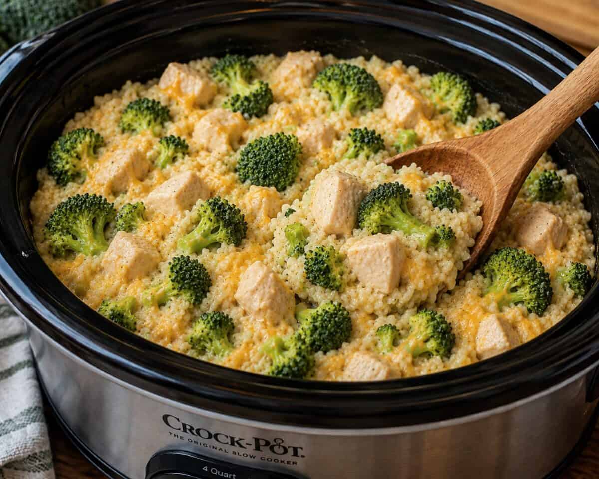 Stirring Slow Cooker Chicken, Rice and Broccoli Casserole in a crock pot with a wooden spoon.