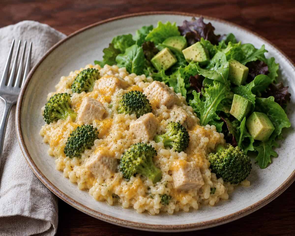 Slow Cooker Chicken Rice and Broccoli Casserole on a dinner plate with a mixed green salad and fork on linen napkin alongside.