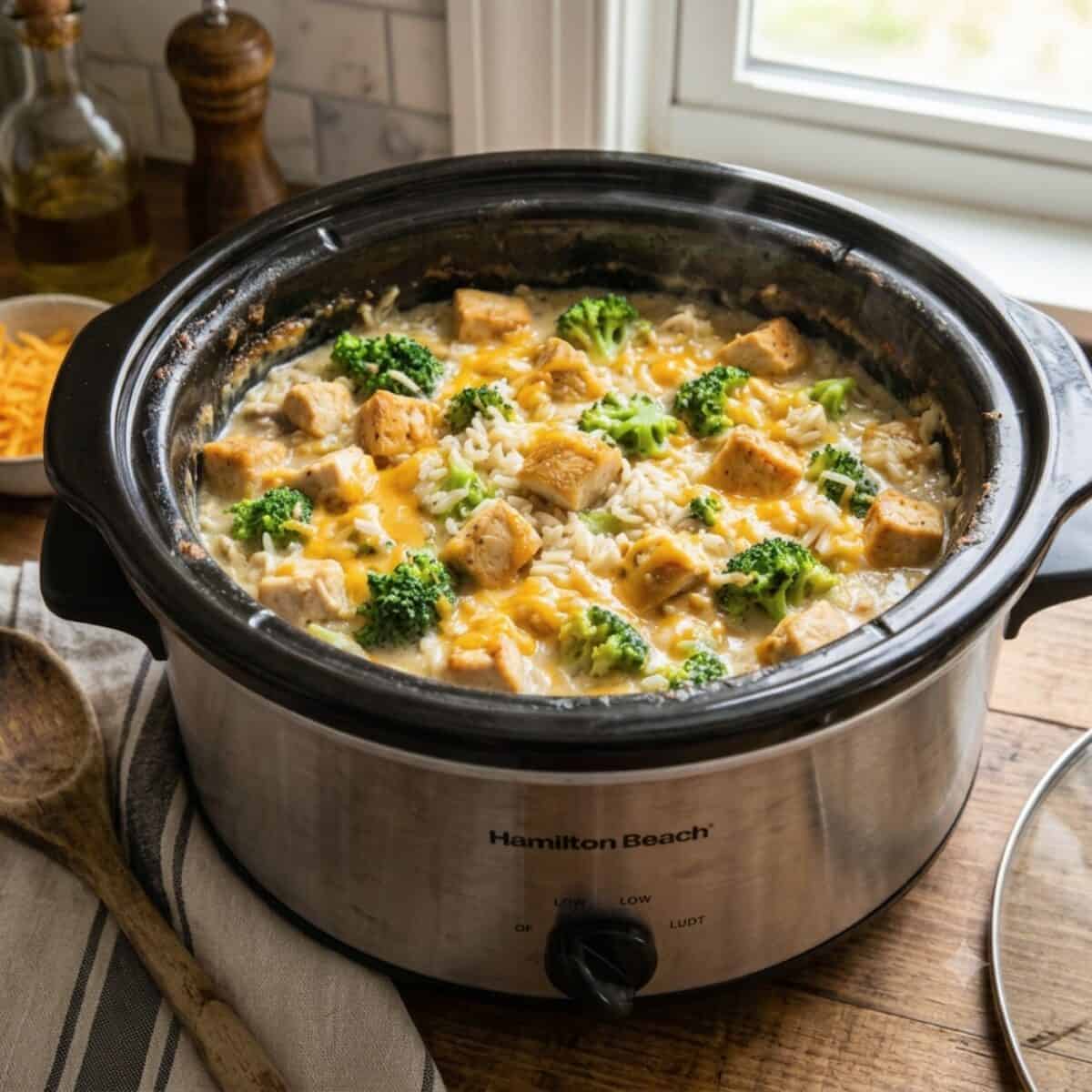 Slow Cooker Chicken, Rice and Broccoli in slow cooker with wooden spoon alongside.