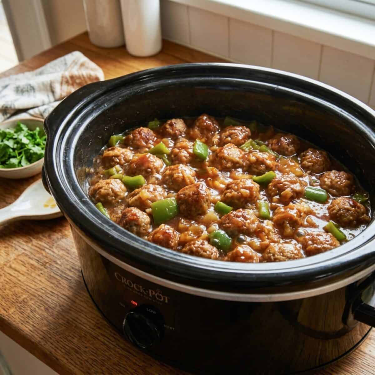 Slow Cooker Hawaiian Meatballs in black crock pot.