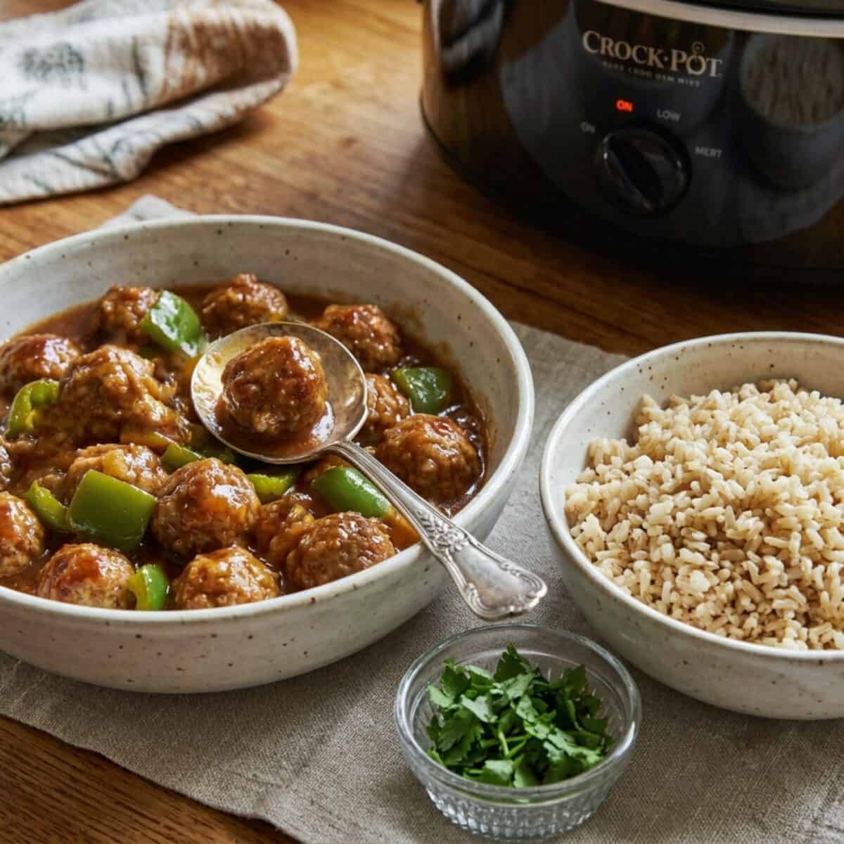 Slow Cooker Hawaiian Meatballs in a serving bowl with spoon alongside a bowl of cooked brown rice and a black slow cooker in the background.