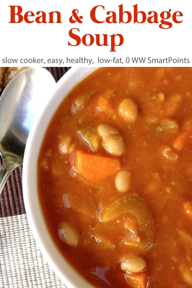 Slow cooker bean and cabbage soup up close.