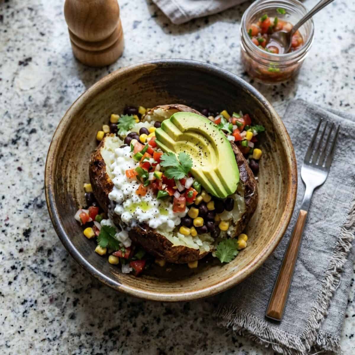 Tex-Mex Baked Potato topped with cottage cheese, corn, black beans, salsa and avocado slices in a bowl with a fork and linen napkin.