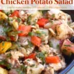 Mayonnaise-free potato salad with chicken in blue bowl.