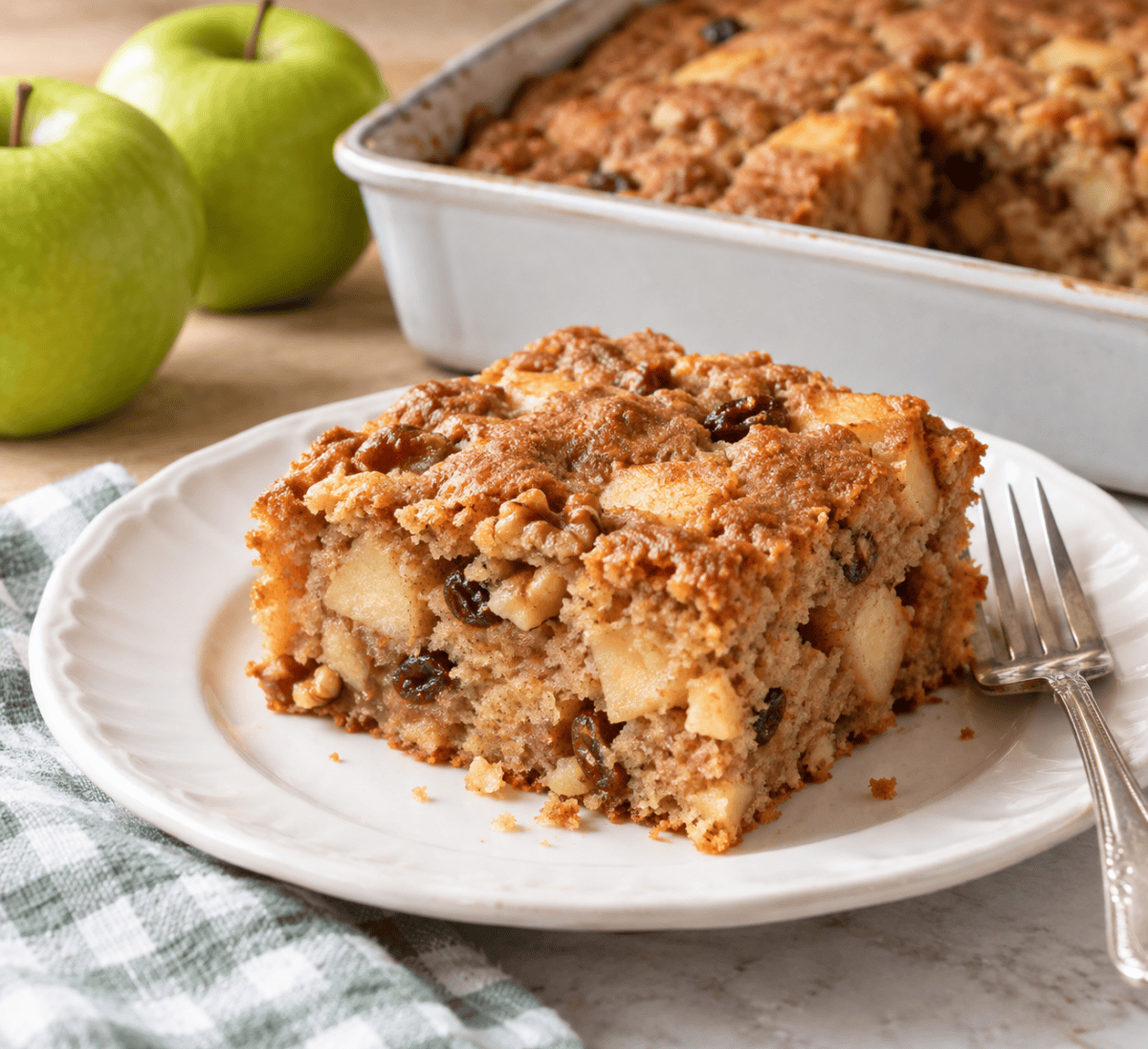 piece of healthy fresh apple cake on white plate with apples and pan of cake in background