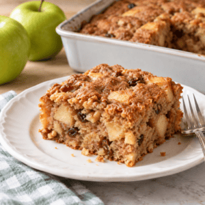piece of healthy fresh apple cake on white plate with apples and pan of cake in background