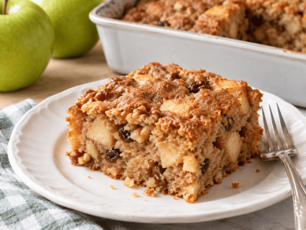 piece of healthy fresh apple cake on white plate with apples and pan of cake in background