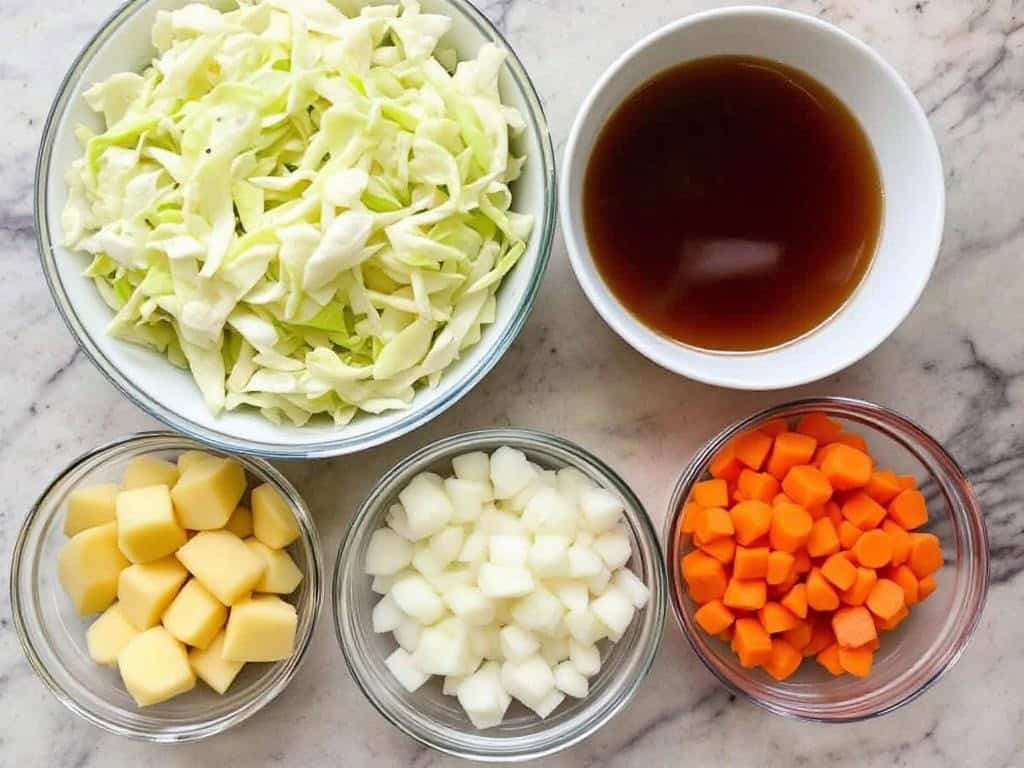 Ingredients for shredded cabbage soup: bowls of shredded cabbage, chopped onion, carrots, potatoes, beef broth.
