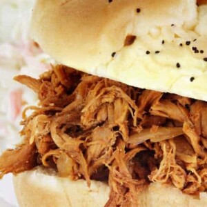 Weight Watchers 2-ingredient Slow Cooker BBQ Chicken in bun close up
