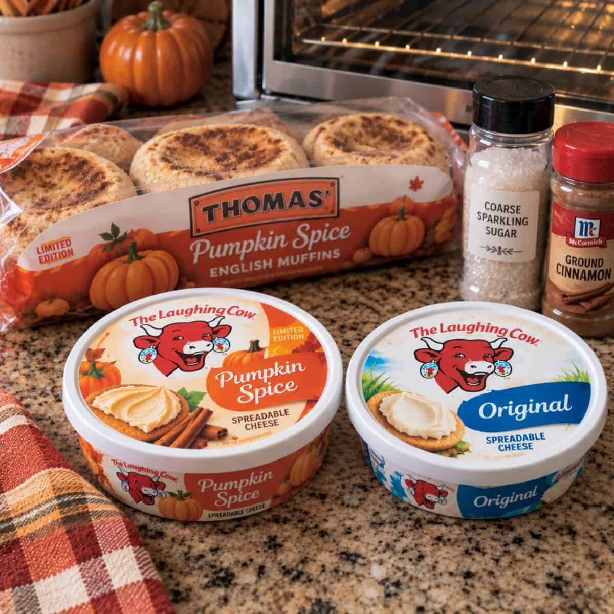 Package of Thomas' Pumpkin Spice English Muffins, package of Laughing Cow Pumpkin Spice spreadable cheese and package of Original spreadable cheese, small bottle of coarse sparkling sugar and bottle of ground cinnamon.
