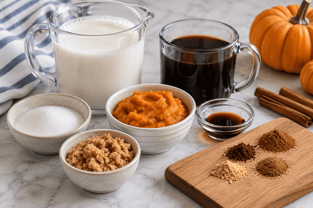 pumpkin spice latte ingredients: milk, coffee, pumpkin puree, sugar, spices