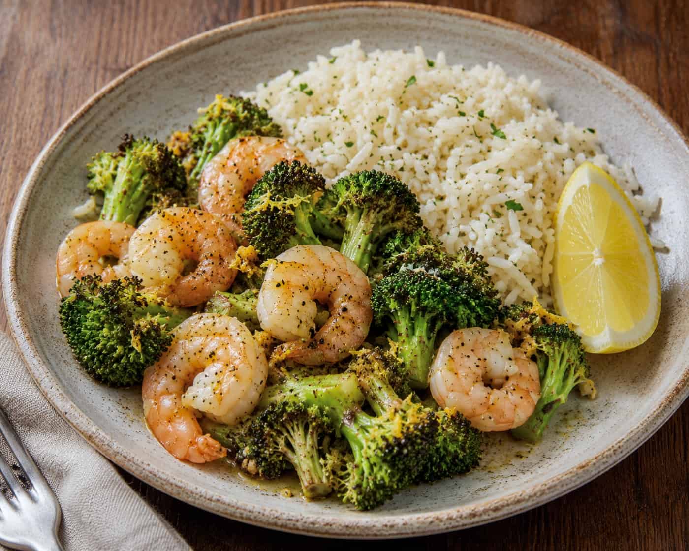 Roasted shrimp and broccoli with rice and lemon wedge on dinner plate.