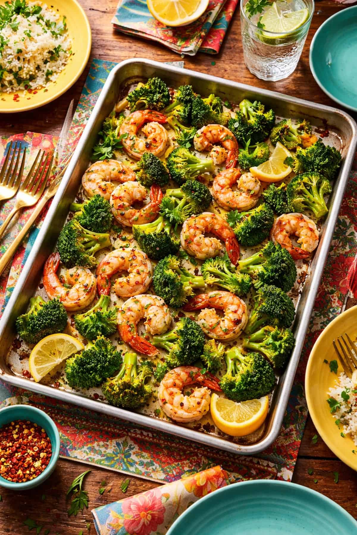 Sheet Pan Roasted Shrimp and Broccoli on wood table with colorful plates and napkins.