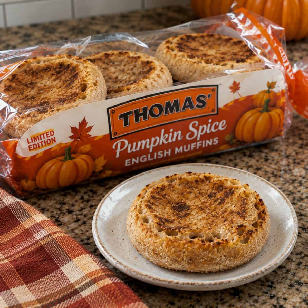 Package of limited edition Thomas' Pumpkin Spice English Muffins on a kitchen counter with an English muffin on a small plate.