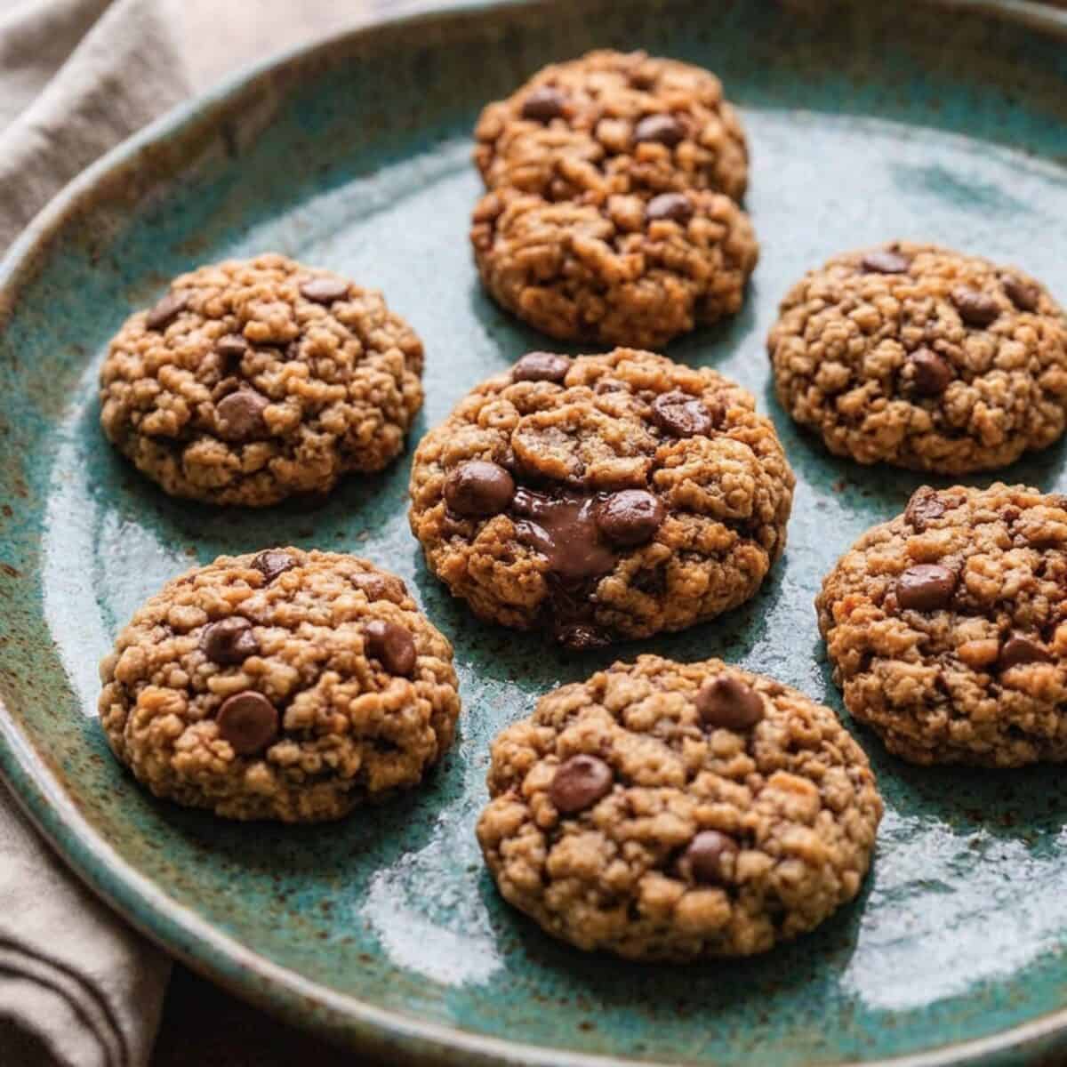 Banana Cookies with oats and chocolate chips on a green pottery plate.