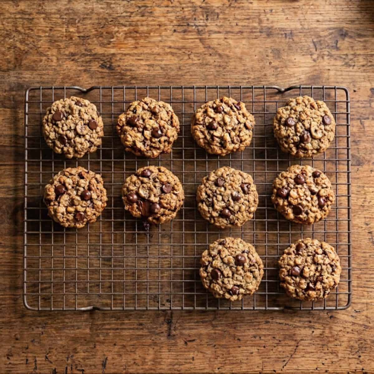 Banana Oat Chocolate Chip Cookies on a wire rack.
