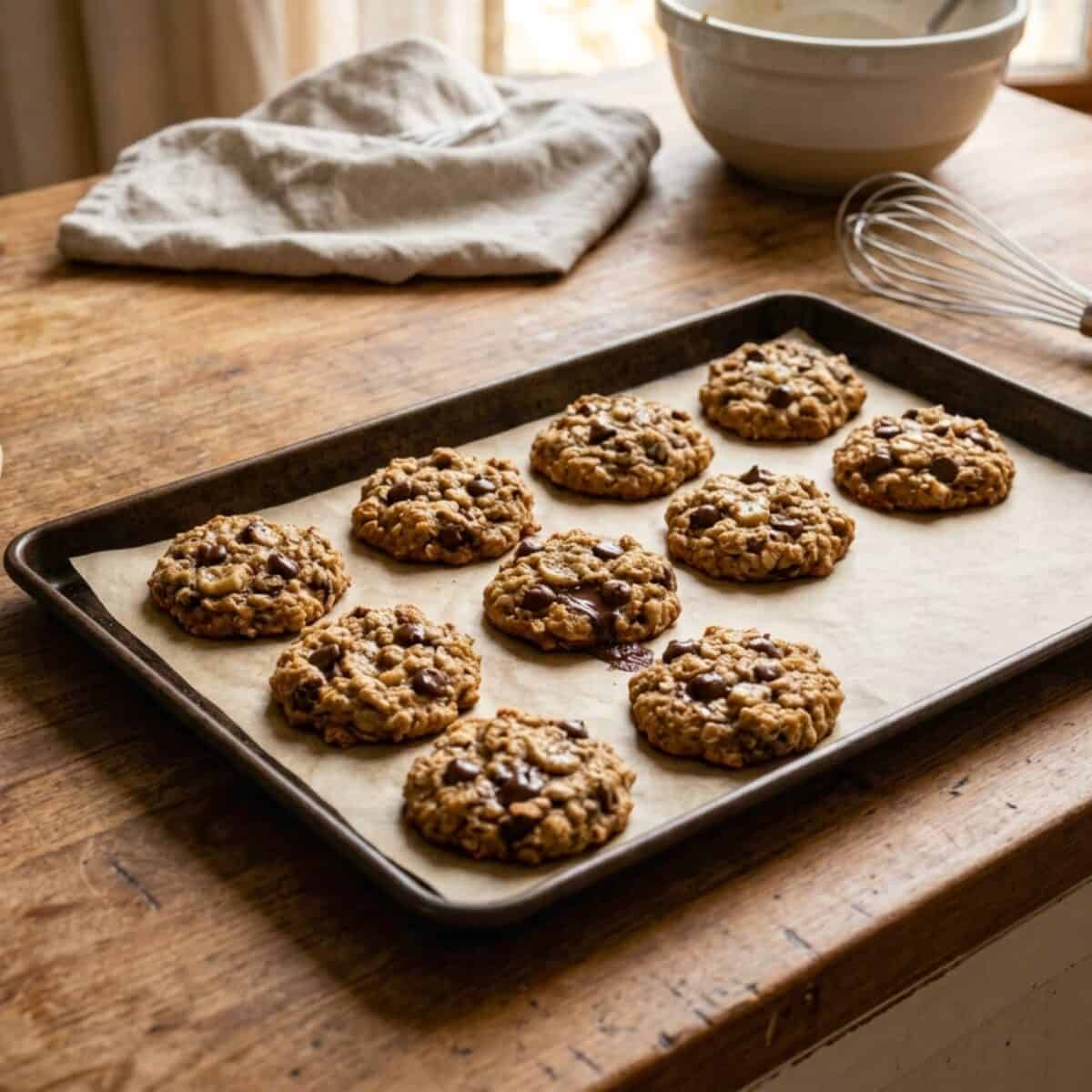 Banana Oat Chocolate Chip cookies on parchment line baking sheet.