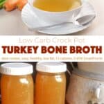 Crock pot turkey bone broth in white bowl with celery, carrots and onion near mason jars filled with extra broth.