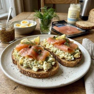 Open Face Egg Salad Toasts topped with smoked salmon and dill with hard boiled eggs, mustard, whole grain bread in background