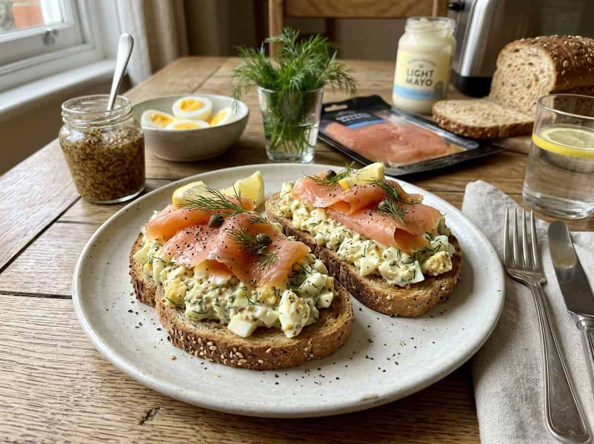 Open Face Egg Salad Toasts topped with smoked salmon and dill with hard boiled eggs, mustard, whole grain bread in background