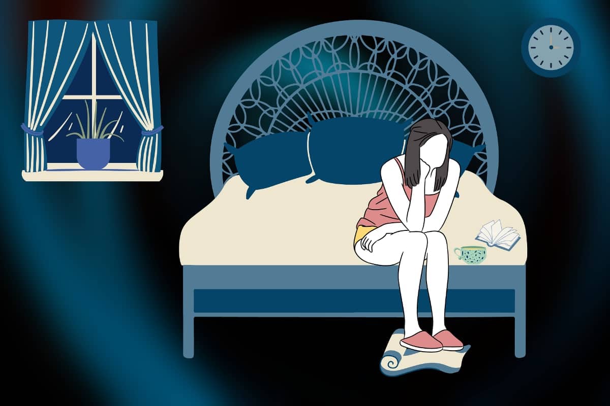 Illustration of woman sitting on bed in the middle of the night.