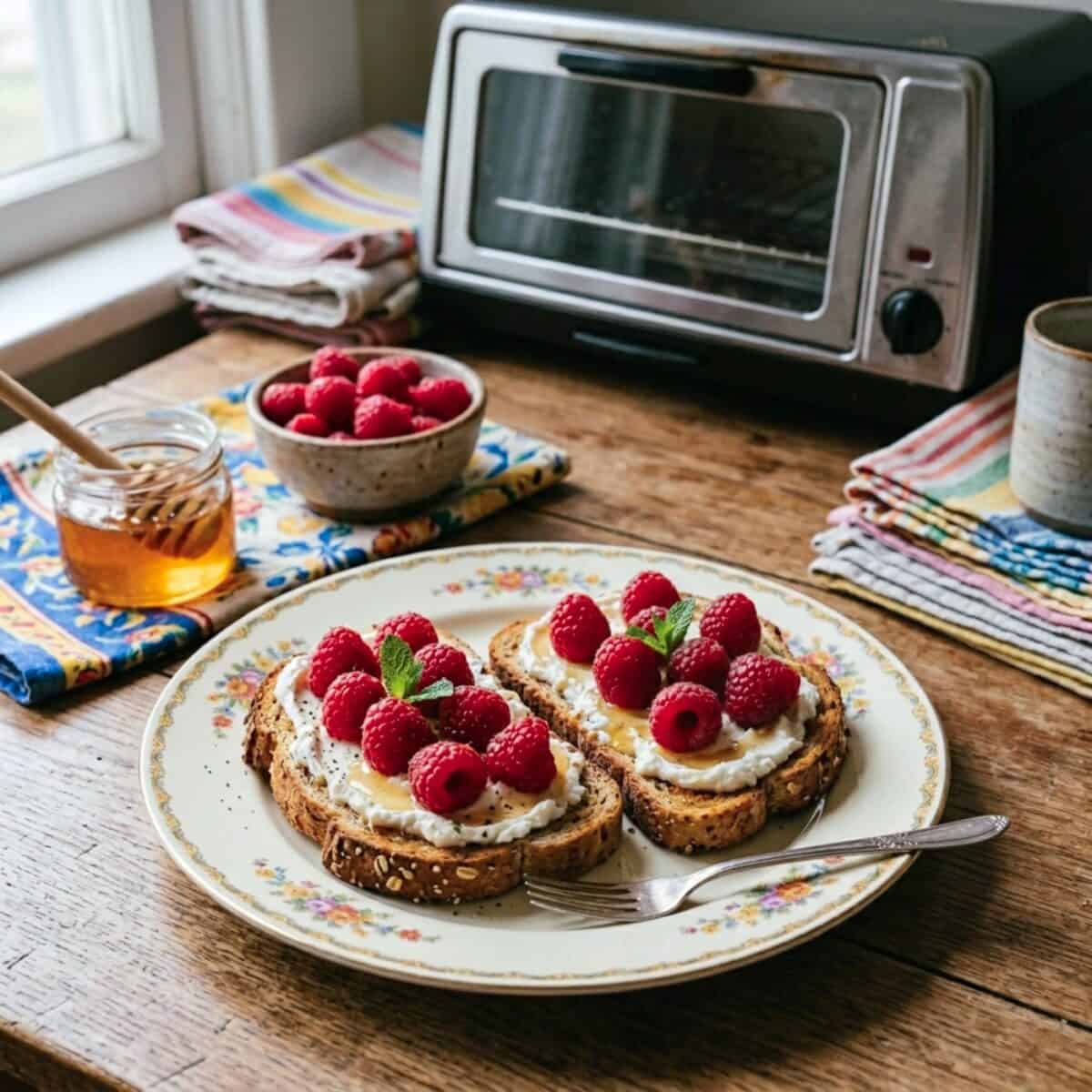 Laughing Cow Cheese and fresh raspberries and honey on whole grain toast with toaster oven in the background.