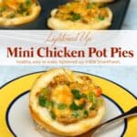 Mini Chicken Pot Pie on small plate with fork and muffin pan with chicken pot pies in background