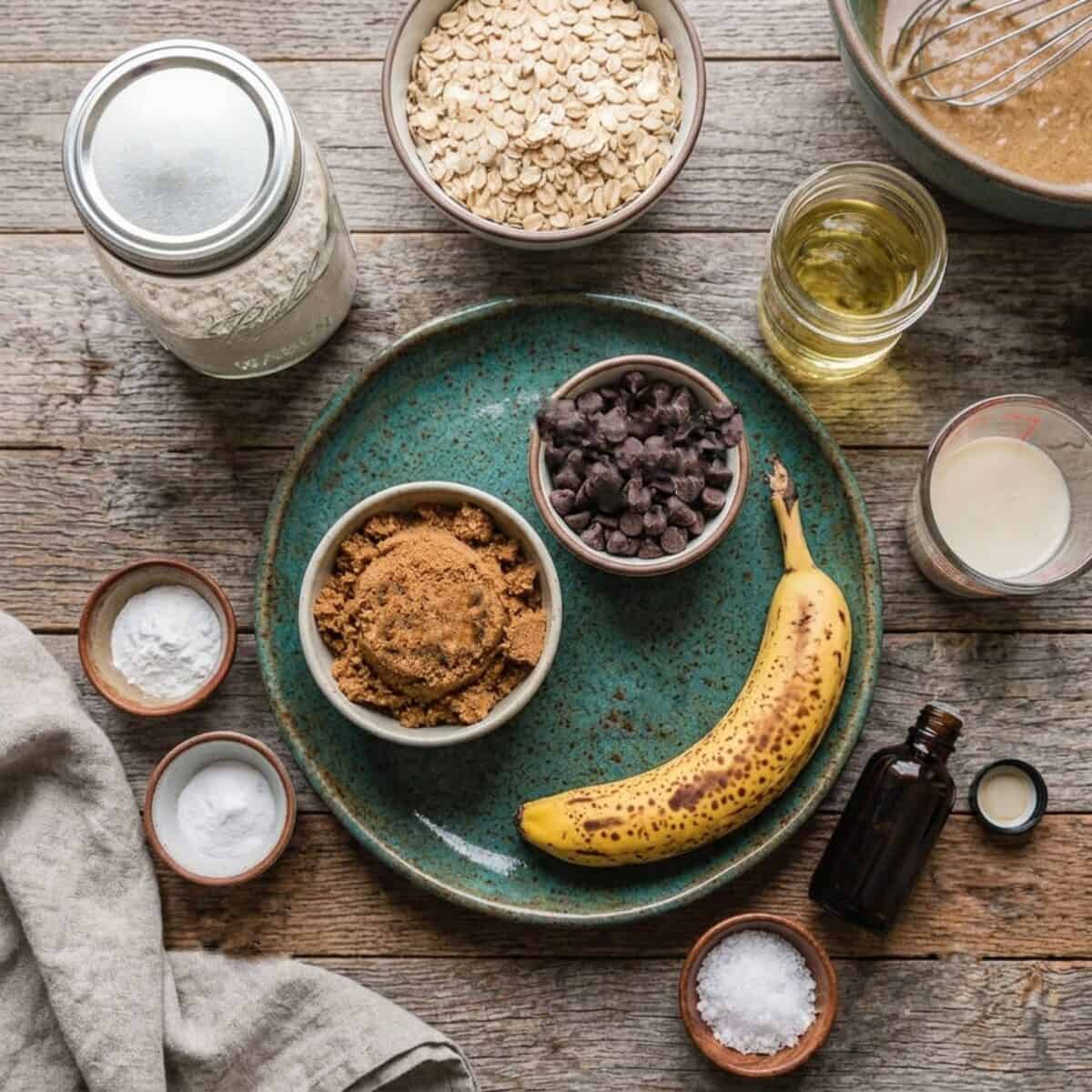 Ingredients including oat flour, rolled oats, canola oil, soy milk, vanilla extract, salt, baking powder, baking soda, brown sugar, chocolate chips and one banana.