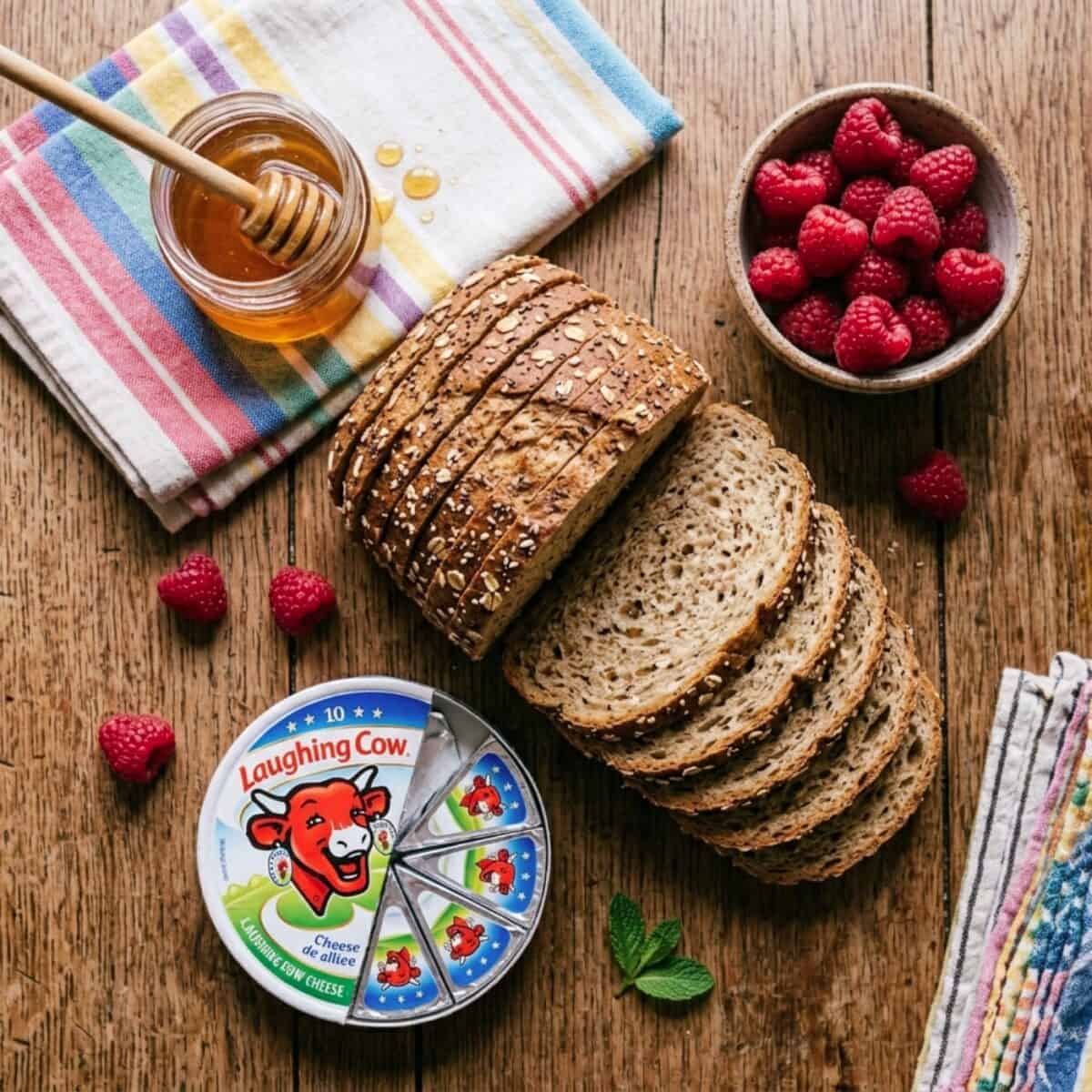 Loaf of sliced whole grain bread, a bowl of fresh raspberries, jar of honey with a dipper and package of Laughing Cow Cheese with colorful linen napkins on wood table.