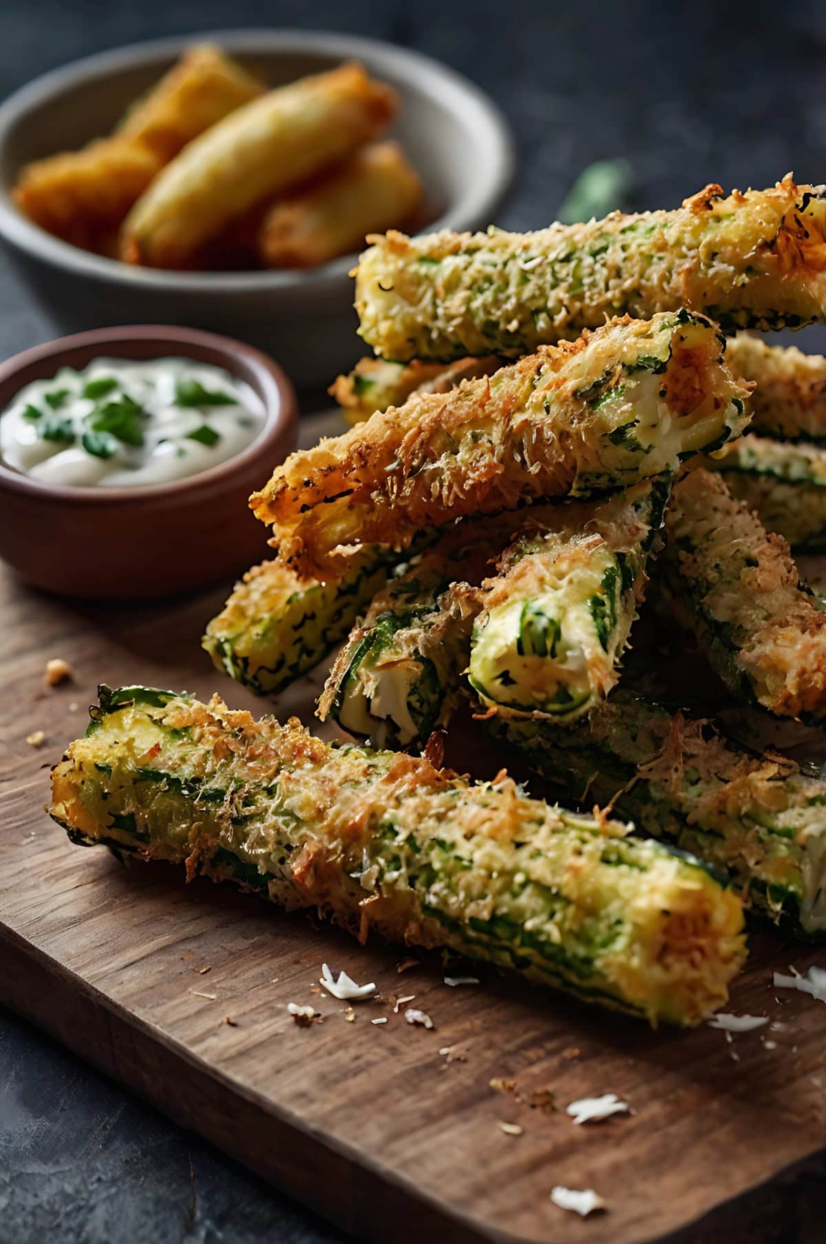 Crispy zucchini fries stacked on wood board with low fat ranch dip in small bowl.