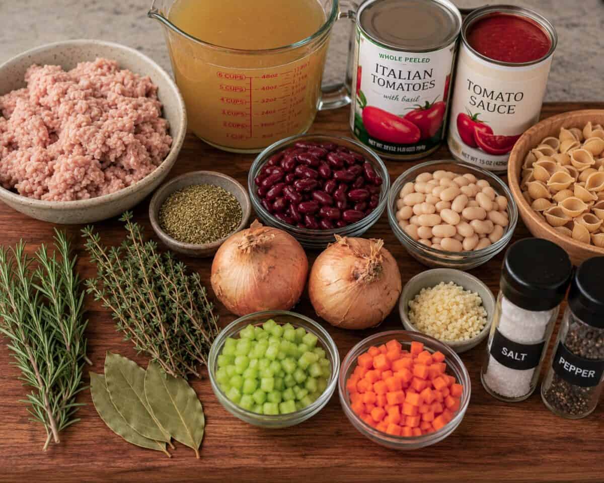 Ingredients including ground chicken breast, fresh rosemary, fresh thyme, bay leaves, dried oregano, onions, celery, carrot, kidney beans, cannellini beans, chicken broth, canned whole Italian tomatoes, canned tomato sauce, salt and pepper and whole wheat pasta shells.