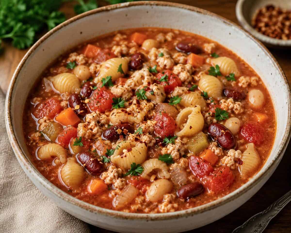 Slow Cooker Chicken Pasta Fagioli in soup bowl garnished with fresh parsley and crushed red pepper flakes.