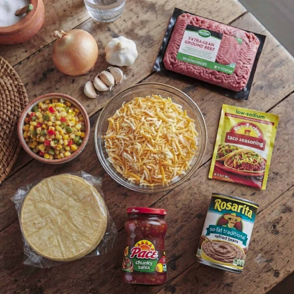 Ingredients including corn tortillas, chunky salsa, no-fat refried beans, low-sodium taco seasoning, shredded cheese, Mexican-style corn, onion, garlic and extra-lean ground beef.
