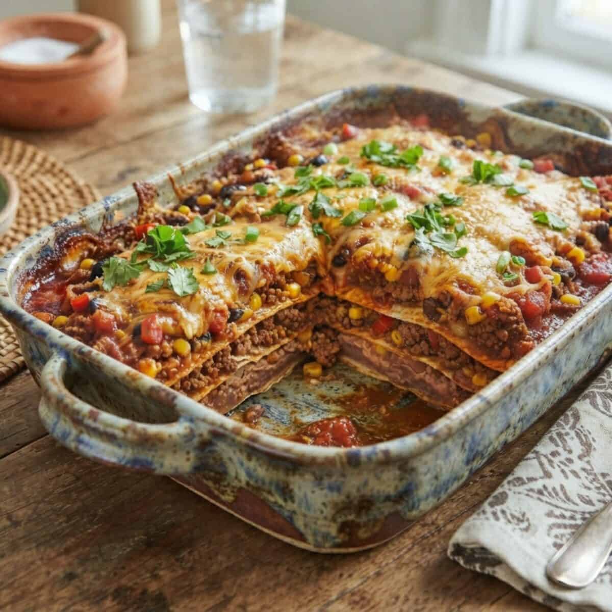 Ground beef enchilada casserole topped with chopped fresh cilantro in pottery baking dish.