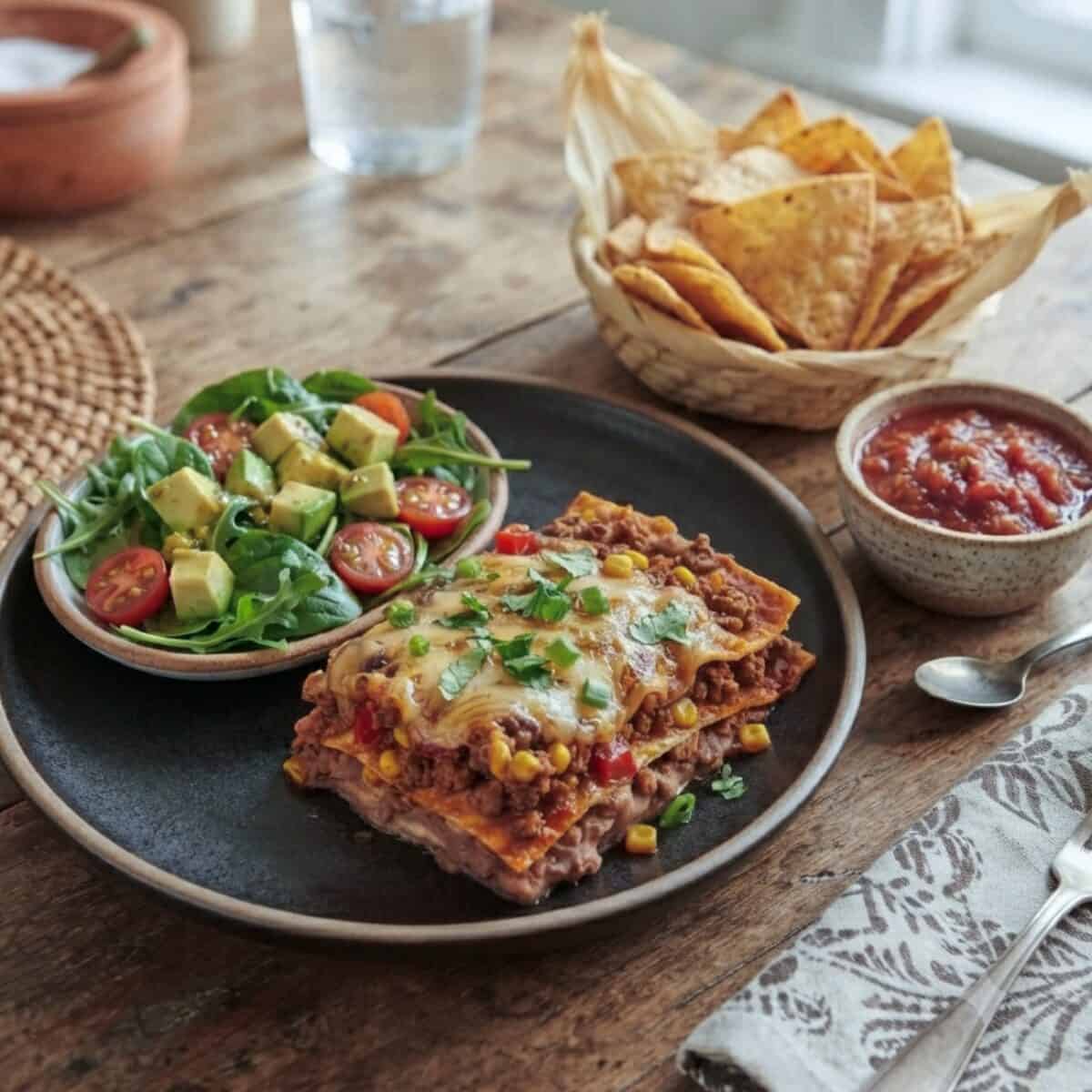 Serving of ground beef enchilada casserole on a dinner plate with a mixed green salad, a basket of tortilla chips and bowl of salsa in the background.