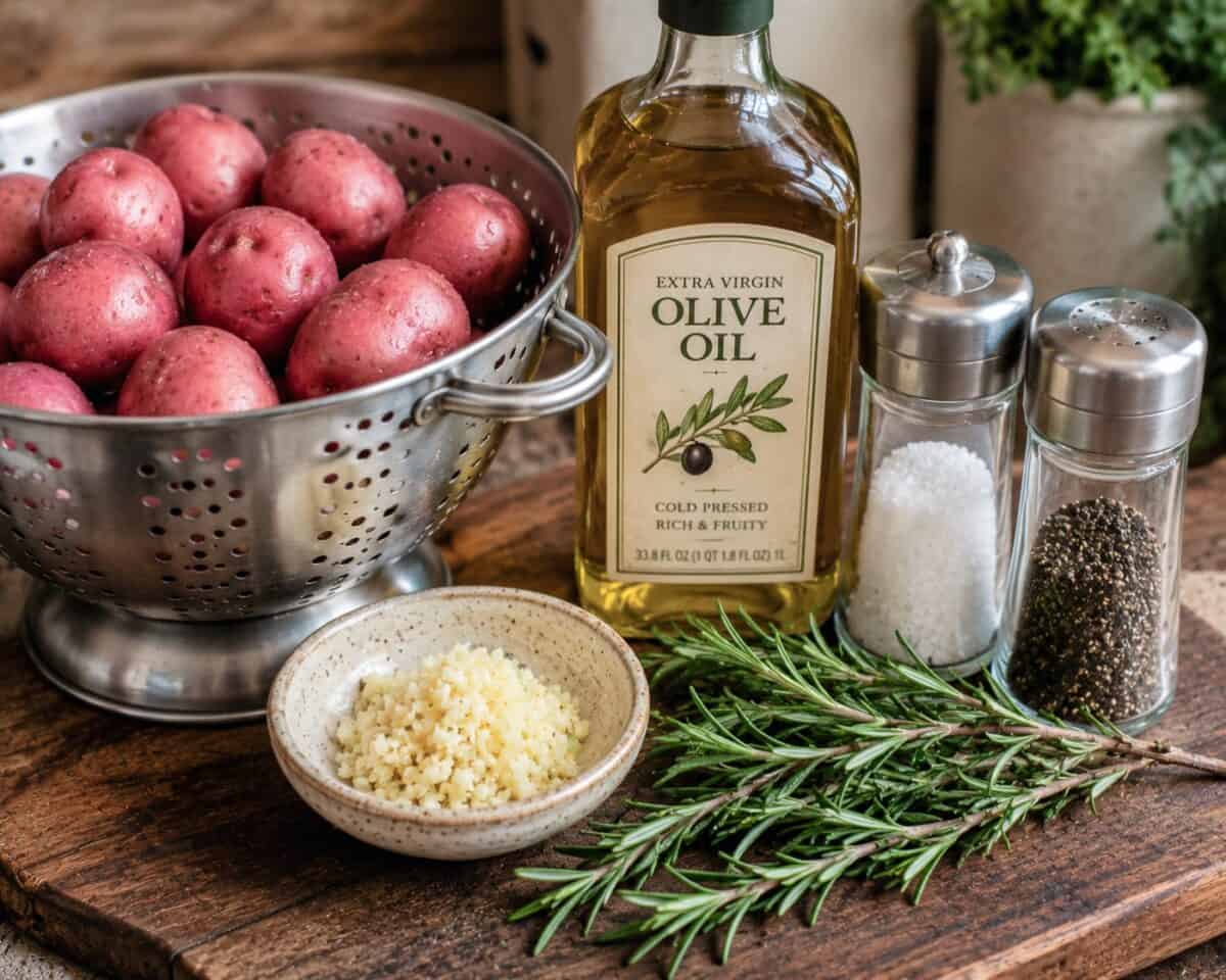 Ingredients including red potatoes in a colander, minced garlic, olive oil, salt and pepper and sprigs of fresh rosemary.