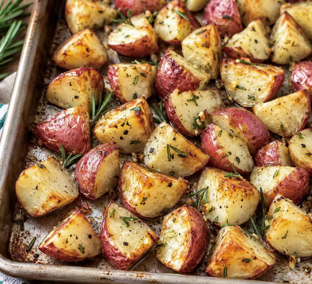 Rosemary roasted red potatoes on a sheet pan.