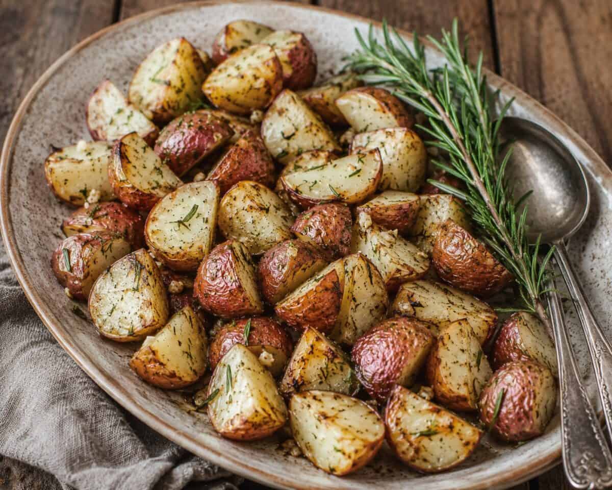 Rosemary roasted potatoes with sprigs of fresh rosemary on serving platter with serving spoons.