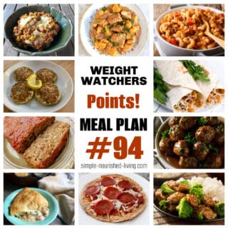 Food Collage: tamale pie, pineapple pork, goulash, tuna cakes, bean burritos, meatloaf, meatballs, chicken pot pie, pita pizza, beef & broccoli. Text Box in Center: Weight Watchers Meal Plan #94