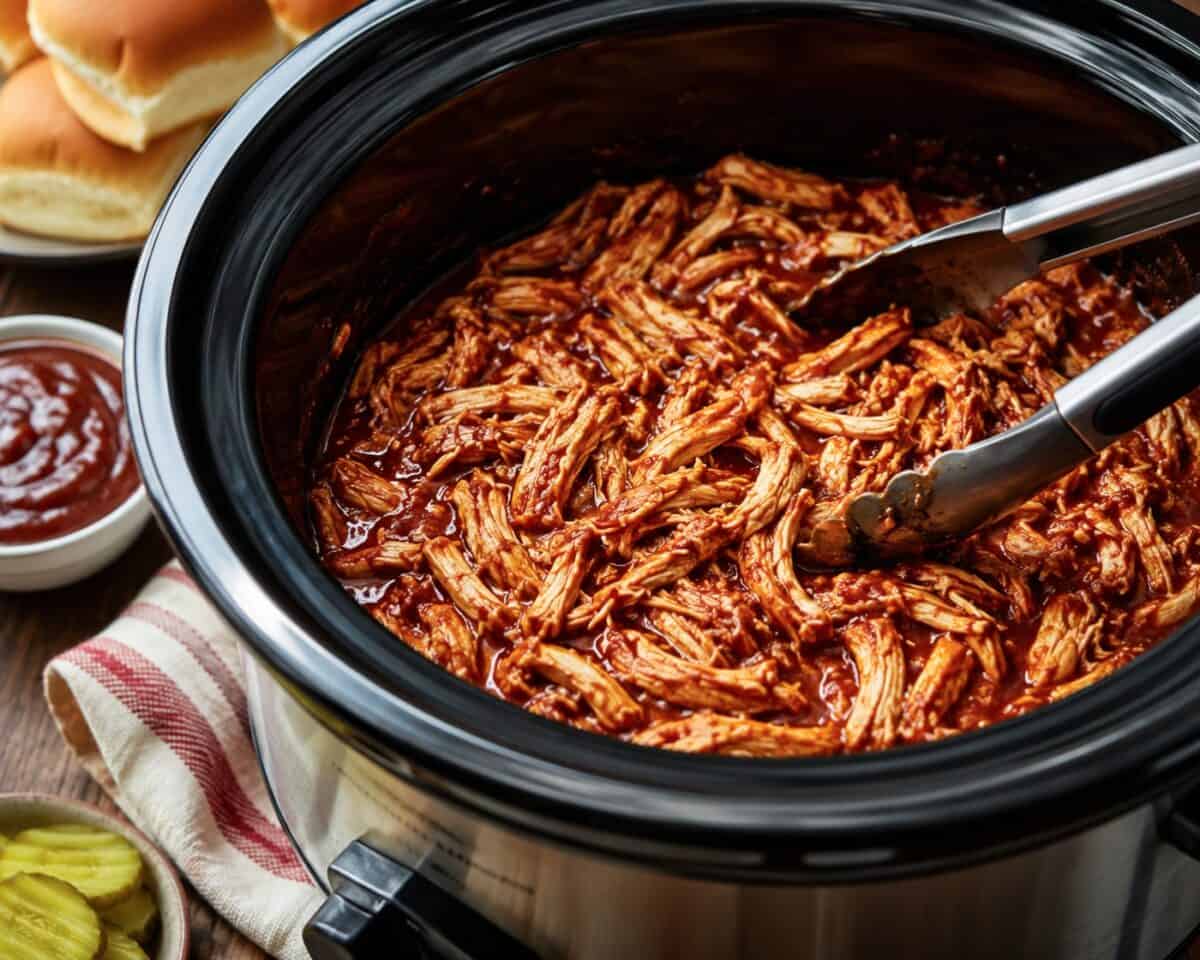 Slow cooker bbq chicken in crock pot with tongs.