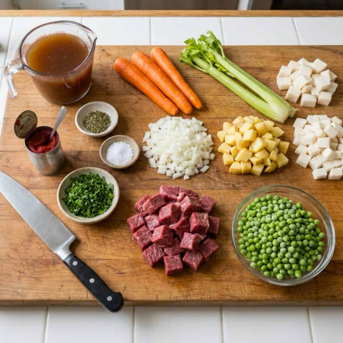 Ingredients including beef broth, carrots, celery, diced potatoes, diced turnip, diced onion, cubed steak, peas, chopped parsley on wood cutting board with knife.