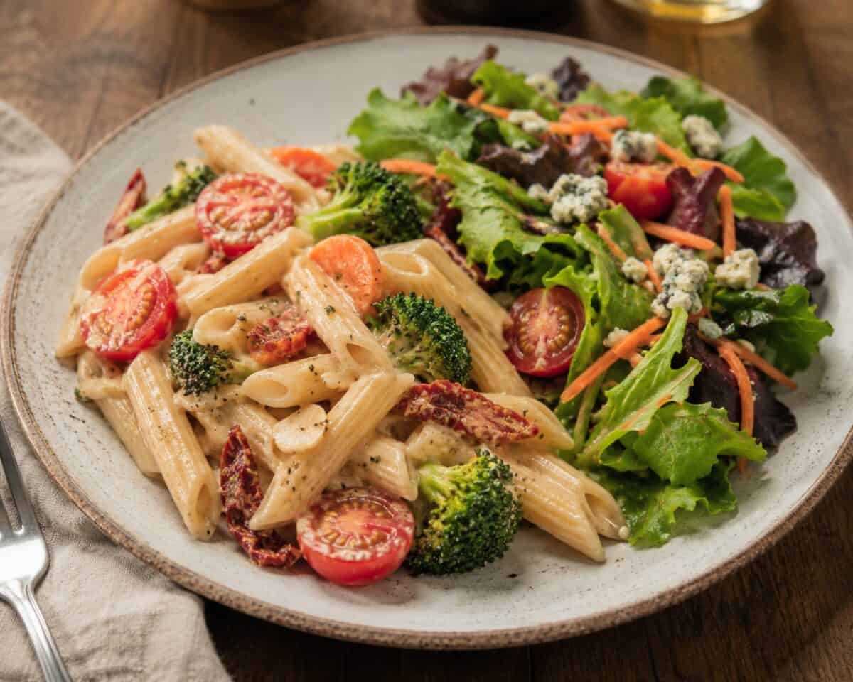 Creamy pasta with carrots, broccoli and tomatoes with a green salad on dinner plate.