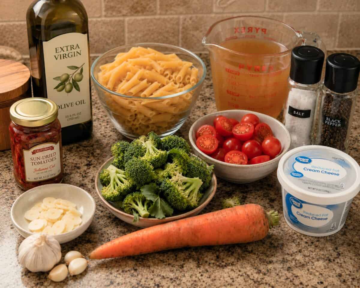 Ingredients including olive oil, sun-dried tomatoes, garlic, carrot, broccoli florets, penne pasta, cherry tomatoes, reduced-fat cream cheese, chicken broth and salt and pepper.