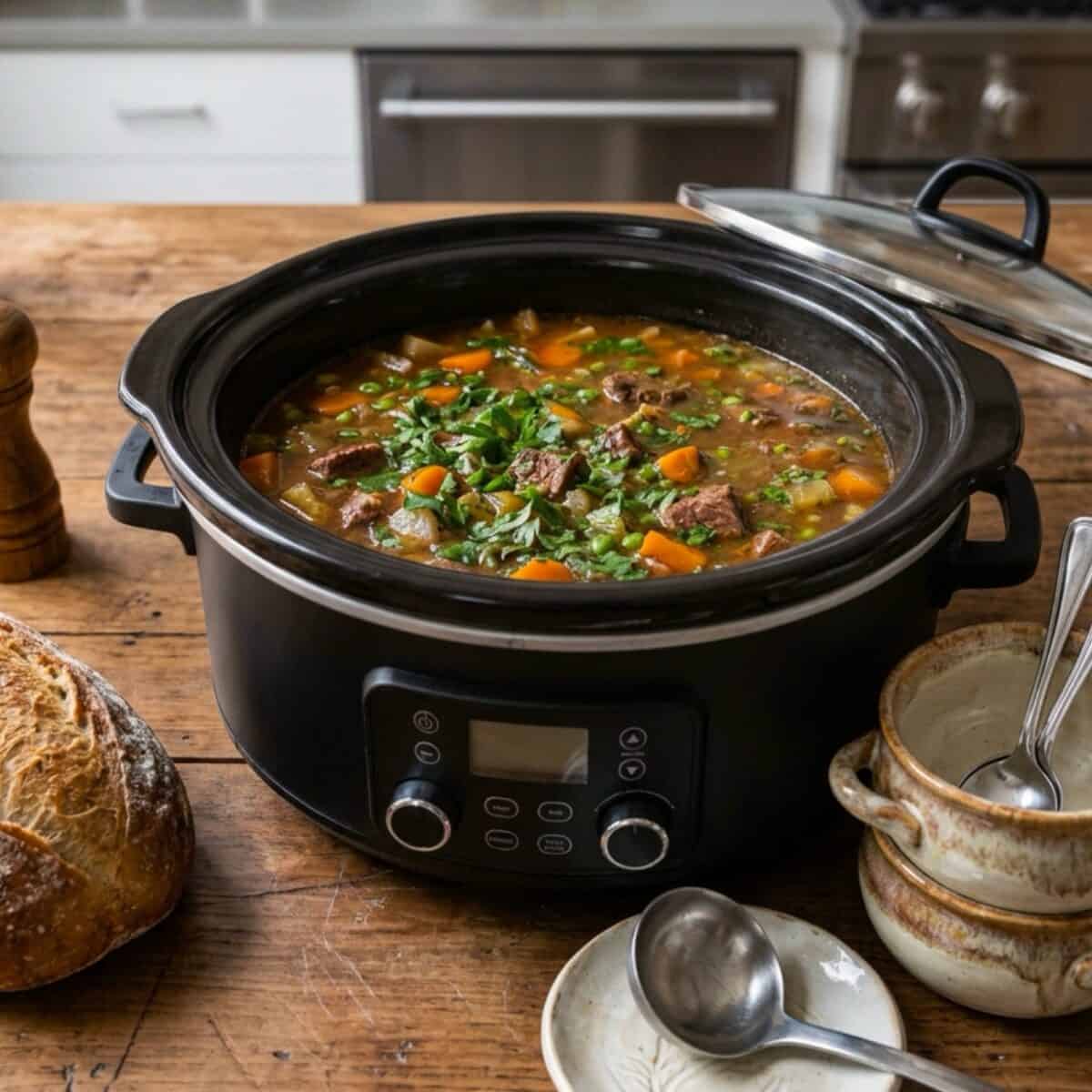 Slow Cooker Beef and Vegetable Soup in black crock pot on wood table with loaf of crusty bread and empty soup bowls with spoons.