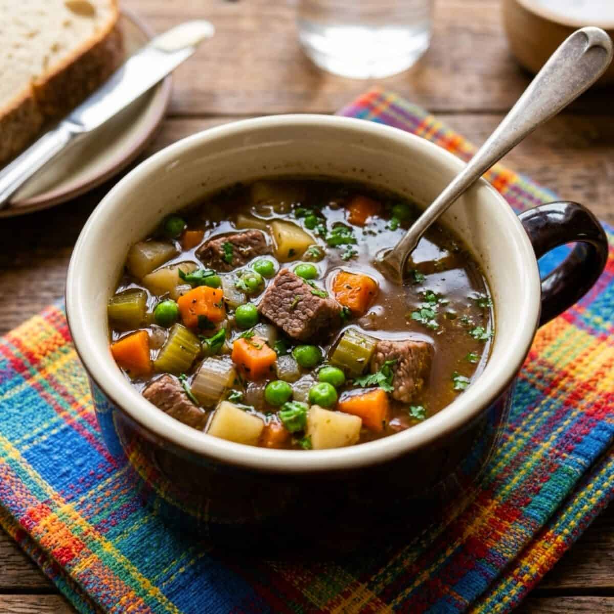 Slow cooker beef and vegetable soup in a crock with a spoon and colorful napkin.