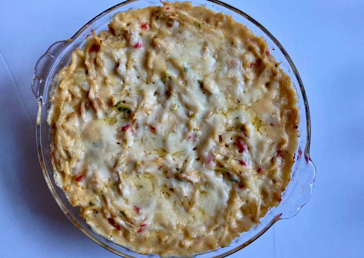 Glass Pie Dish Containing Ree's Chicken Spaghetti Made Lighter Shot from Overhead