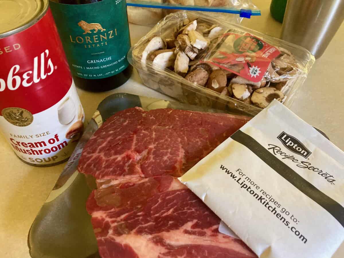 Beef roast, mushroom soup, onion soup and red wine.