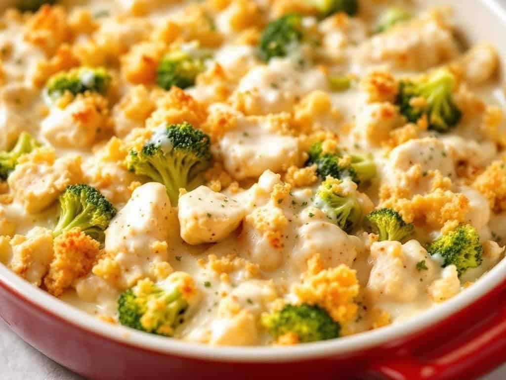 Red casserole dish filled with Mom's Chicken Broccoli Casserole topped with crispy golden breadcrumbs.